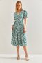 Women's Green Double-Breasted Collar Elastic Waist Belted Flared Dress 60211015 - 4