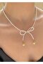 Sand bead bow white women's heart necklace - 3