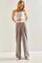 Women's Gray Contrast Waist Detailed Striped Woven Trousers 60241010
