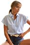 Women's Light Blue Linen Bat Short Sleeve Button Shirt