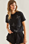 Women's Black Pearl Stone Embroidered Combed Cotton Tshirt 60211009 - 2