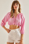 Women's Pink Tie-Collar Muslin Crop Shirt with Elastic Waist and Sleeves 60251135 - 5