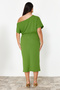 Green Asymmetric Neckline Slit Crepe Knitted Plus Size Dress Tbbss24Ah00083 - 6