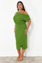 Green Asymmetric Neckline Slit Crepe Knitted Plus Size Dress Tbbss24Ah00083 - 2