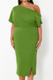 Green Asymmetric Neckline Slit Crepe Knitted Plus Size Dress Tbbss24Ah00083 - 5