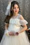 Girl's White Evening Dress with Transparent Collar, Off-the-Shoulder, Guipure Embroidered Chest and Sleeves - 7