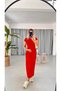 Women's Red Color Ribbed Camisole Fabric Short Sleeve Body Fitting Long Dress Length 135 Cm