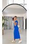 Women's Saxs Color Ribbed Camisole Fabric Short Sleeve Body Fitting Long Dress Length 135 Cm - 3