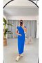 Women's Saxs Color Ribbed Camisole Fabric Short Sleeve Body Fitting Long Dress Length 135 Cm