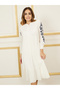 Thread Embroidered Button Closure Shift Midi Dress - 2