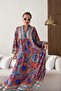 Women's Blue Orange Buttoned Collar Ethnic Patterned Balloon Sleeve Long Dress - 2