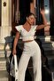 White Crop Blouse Pants Women's Top and Bottom Set - 3