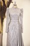 Seçil Evening Dress with Beaded Skirt and Bead Embroidery in Gray - 3