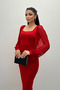 Crepe Fabric Square Collar Pencil Dress - Red - 4