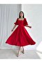 Red Square Neck Pleated Midi Length Dress