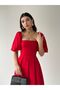 Red Square Neck Pleated Midi Length Dress - 4
