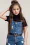 Girl's turtleneck t-shirt, suspender pocket detailed denim shorts jumpsuit - 5