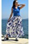 Blue Patterned Pleated Long Skirt on White - 2