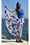Blue Patterned Pleated Long Skirt on White - 3
