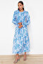 Size Elastic Blue Floral Printed Dress - TCTSS24EB00109