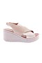 Beige Genuine Leather Women's Sandals with High Wedge Sole and Cross Laser - 291113219