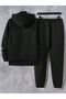 Printed Unisex Bottom Top Combination Black Tracksuit Set - Hooded Sweatshirt Sweatpants Jogger - 2