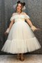 Girl's White Evening Dress with Transparent Collar, Off-the-Shoulder, Guipure Embroidered Chest and Sleeves