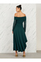 Off Shoulder Embellished Sleeves Asymmetric Hem Midi Dress - 4