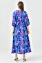 Blue Batwing Sleeve Elastic Waist Front Slit Midi Length Double Breasted Collar Floral Summer Dress 3154 - 3