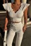 White Crop Blouse Pants Women's Top and Bottom Set - 2