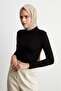 Women's Black Long Sleeve Half-neck Turtleneck Lycra Combed Cotton Bodysuit - 2