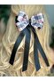 Trendy luxury layered plaid black satin thin ribbon dangling bow with automatic clip hair clip. - 2