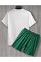 Unisex White Printed T-Shirt-Green Shorts-Summer - 3