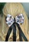 Trendy luxury layered plaid black satin thin ribbon dangling bow with automatic clip hair clip.