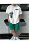 Unisex White Printed T-Shirt-Green Shorts-Summer
