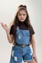Girl's turtleneck t-shirt, suspender pocket detailed denim shorts jumpsuit - 4