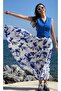 Blue Patterned Pleated Long Skirt on White - 5