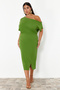 Green Asymmetric Neckline Slit Crepe Knitted Plus Size Dress Tbbss24Ah00083