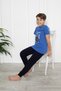 Boy's Short-Sleeved Six-Long Crew Neck Motor Printed Sax Color Pajama Set - 5