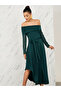 Off Shoulder Embellished Sleeves Asymmetric Hem Midi Dress - 2