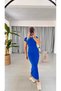 Women's Saxs Color Ribbed Camisole Fabric Short Sleeve Body Fitting Long Dress Length 135 Cm - 2