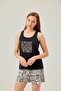 Aztec Patterned Black Pajama Set with Shorts - 2