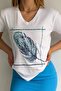 White V-Neck Large Size Sequined T-Shirt - 100% Cotton - 2