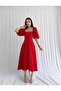 Red Square Neck Pleated Midi Length Dress - 2