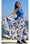 Blue Patterned Pleated Long Skirt on White