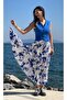 Blue Patterned Pleated Long Skirt on White - 4