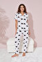 White Black Heart Pattern Knitted Cotton Button Pajama Suit - 2
