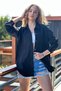 Women's Black Motif Oversize Linen Shirt ALC-X11288 - 3