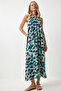 Women's Blue Cream Halter Neckline Print Woven Dress Dp00203 - 5