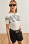 Women's White Striped Polo Neck Stretchy Blouse Blz- 19002651